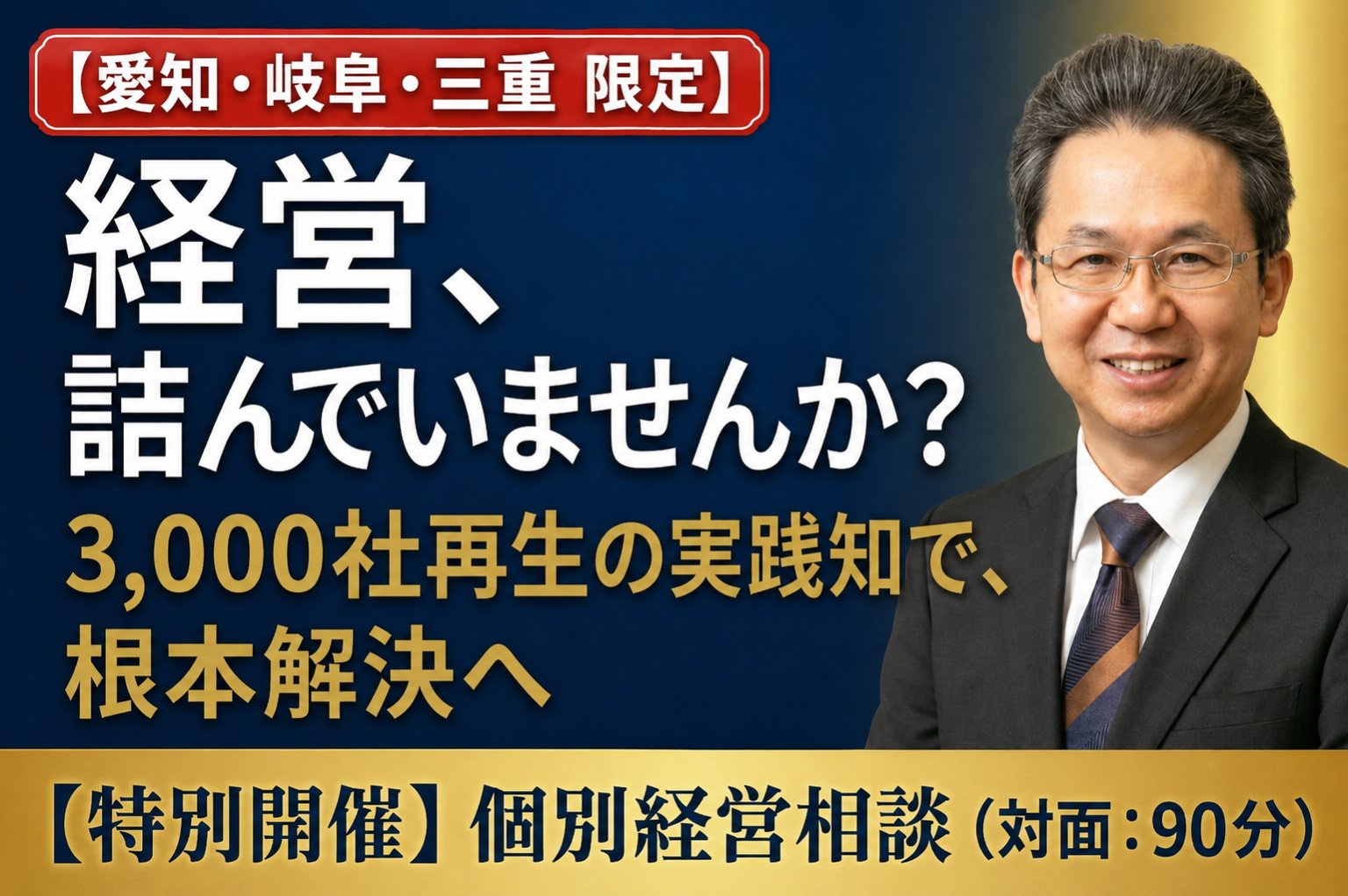 「経営、詰んでいませんか？」 35億円の負債からV字回復させた実践知。 20年 ・3,000社の修羅場を見たプロが、貴社の「売上・人・資金繰り」の詰まりを90分で根 本解決します