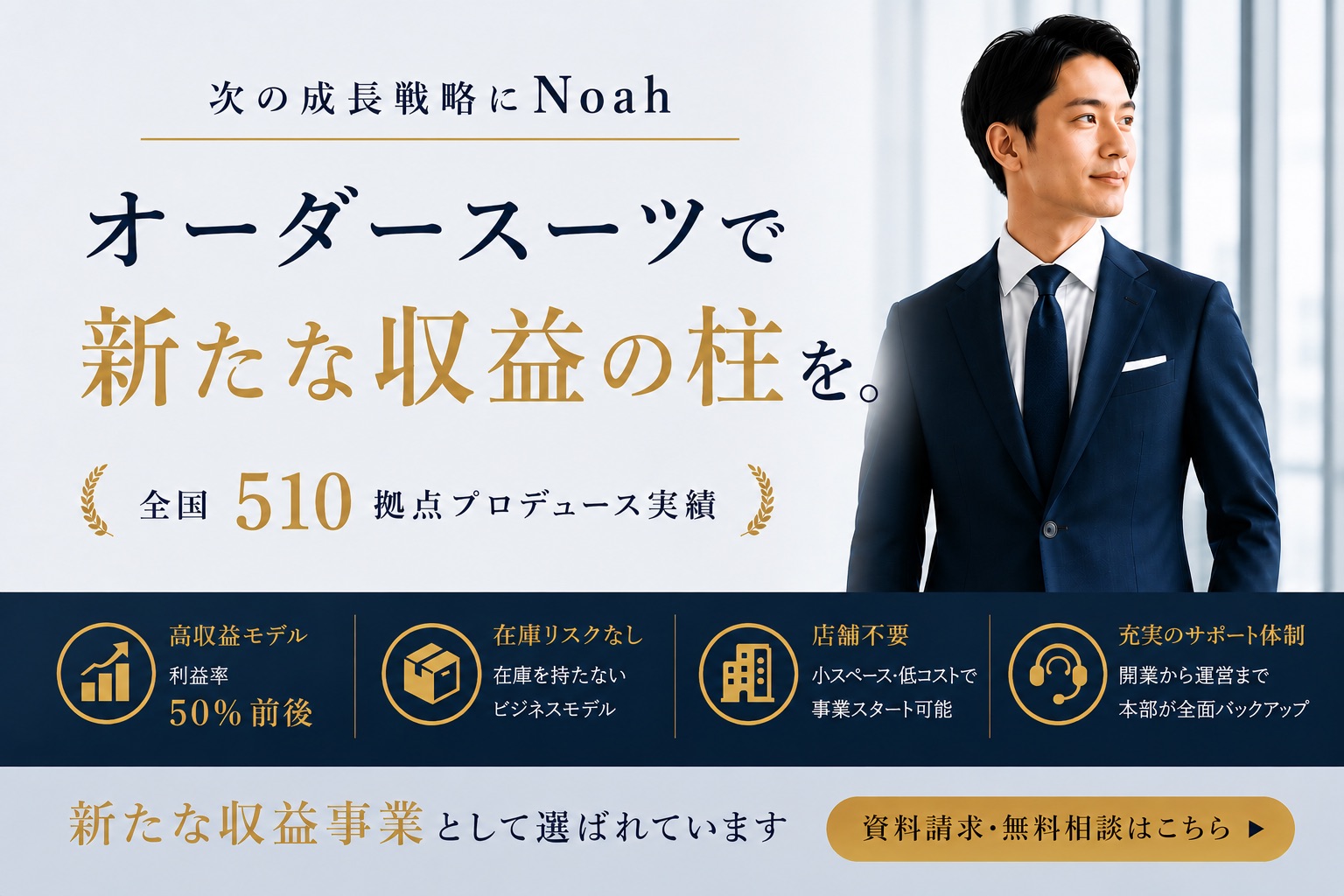 開業数日本一｜オーダースーツブランド「Noah」FCオーナー募集